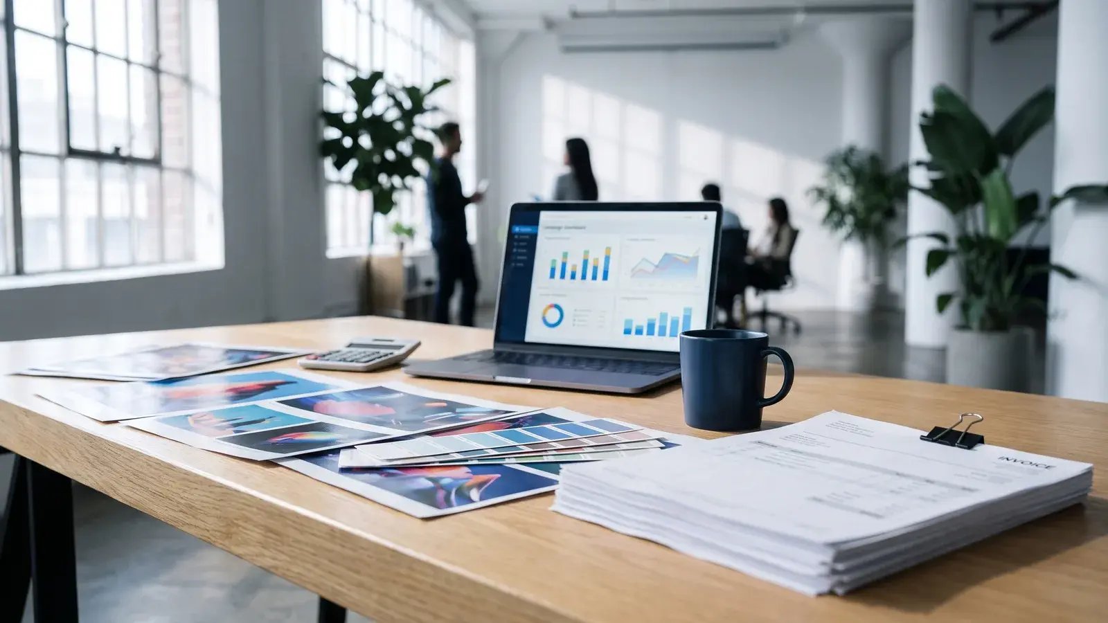 Agency workspace with printed ad proofs, a media plan and a laptop showing a campaign dashboard