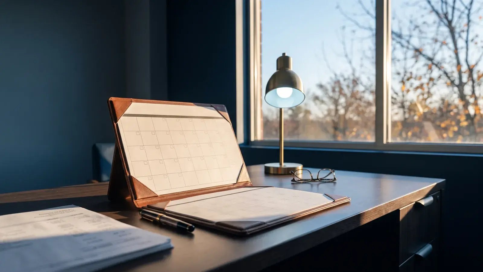 Desk calendar turned to the fourth quarter beside financial statements and a pen in warm late-afternoon light