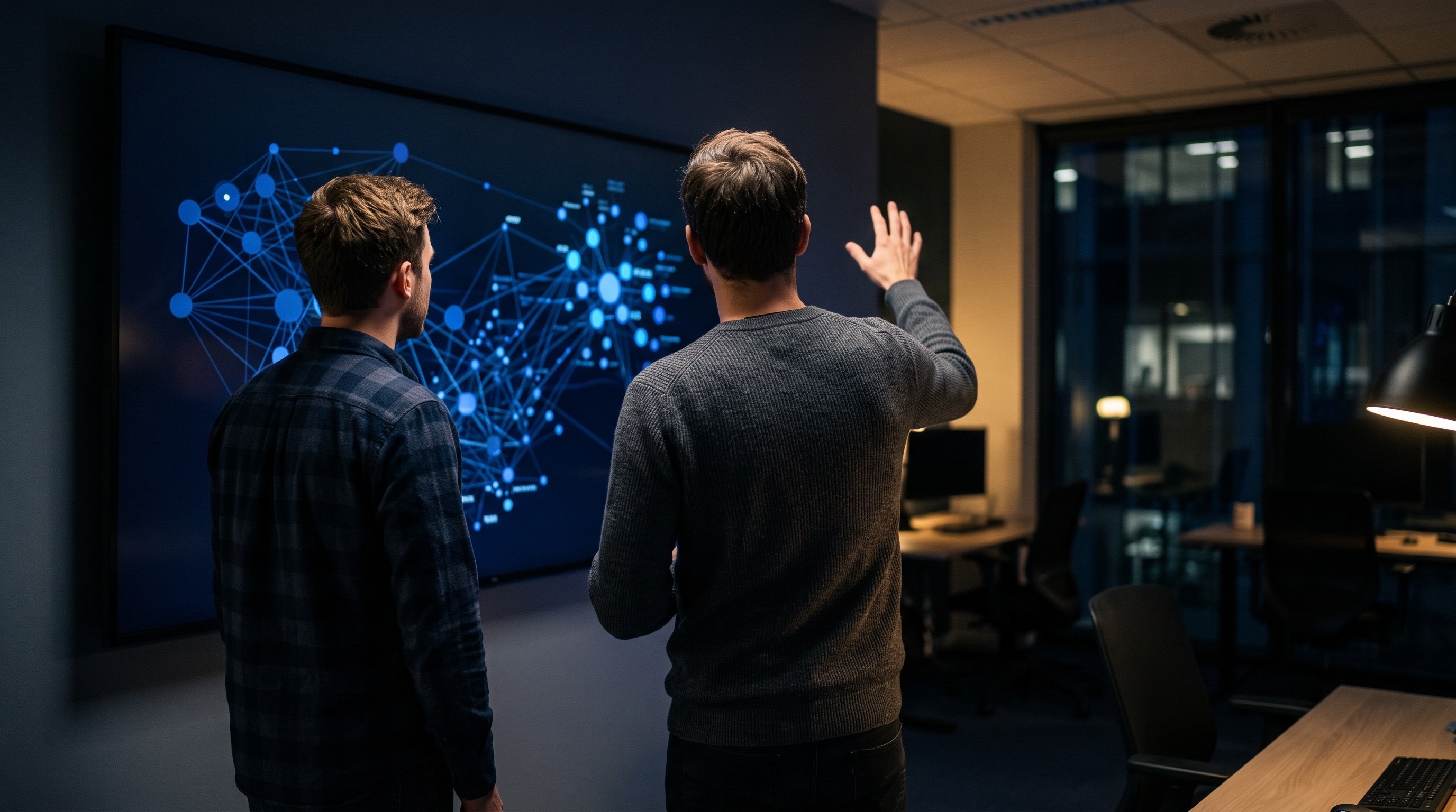 Two agency engineers discussing an abstract data visualization on a wall display at night