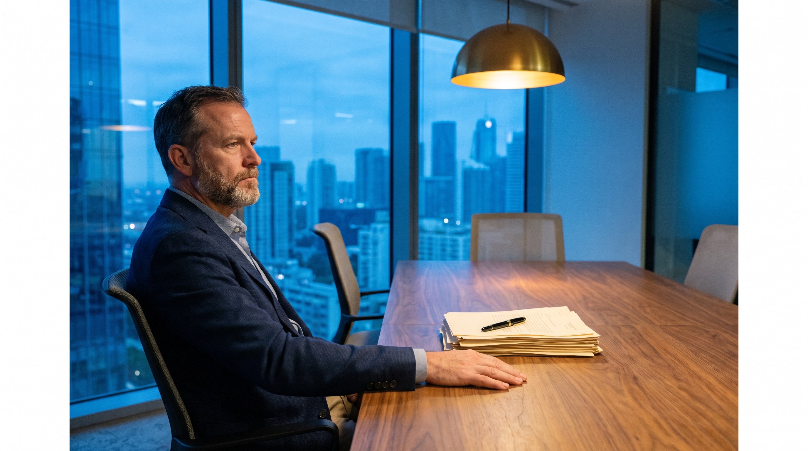 An agency owner at a closing table beside an unsigned stack of documents, the pen untouched.