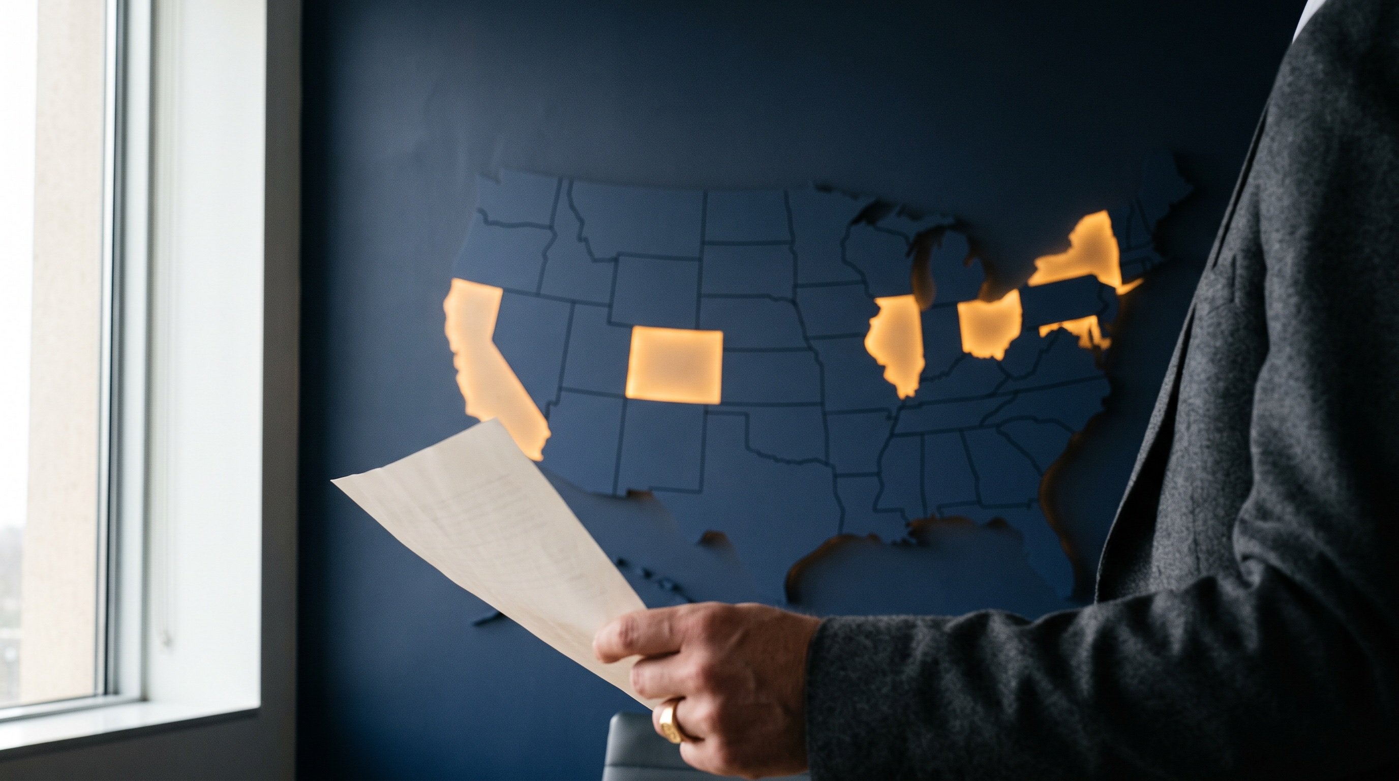 Navy wall map of the United States with several states lit in warm amber, and an agency owner holding a document in the foreground.