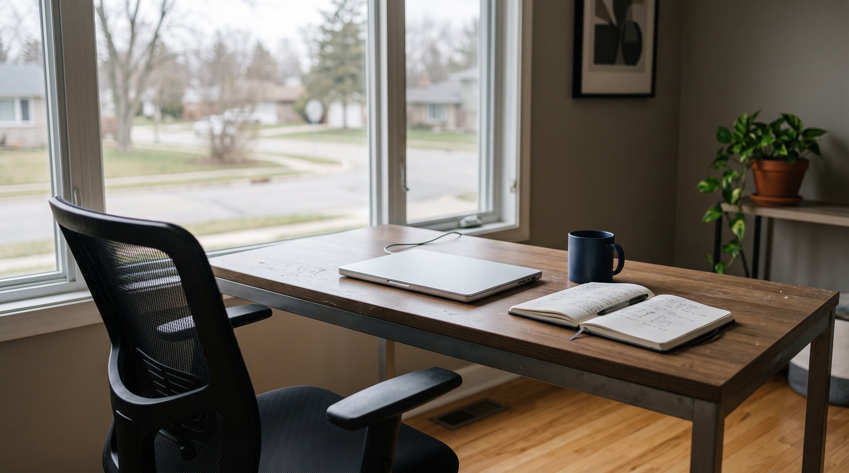 Empty home office desk with a closed laptop and an unoccupied chair, looking out onto a quiet suburban street.