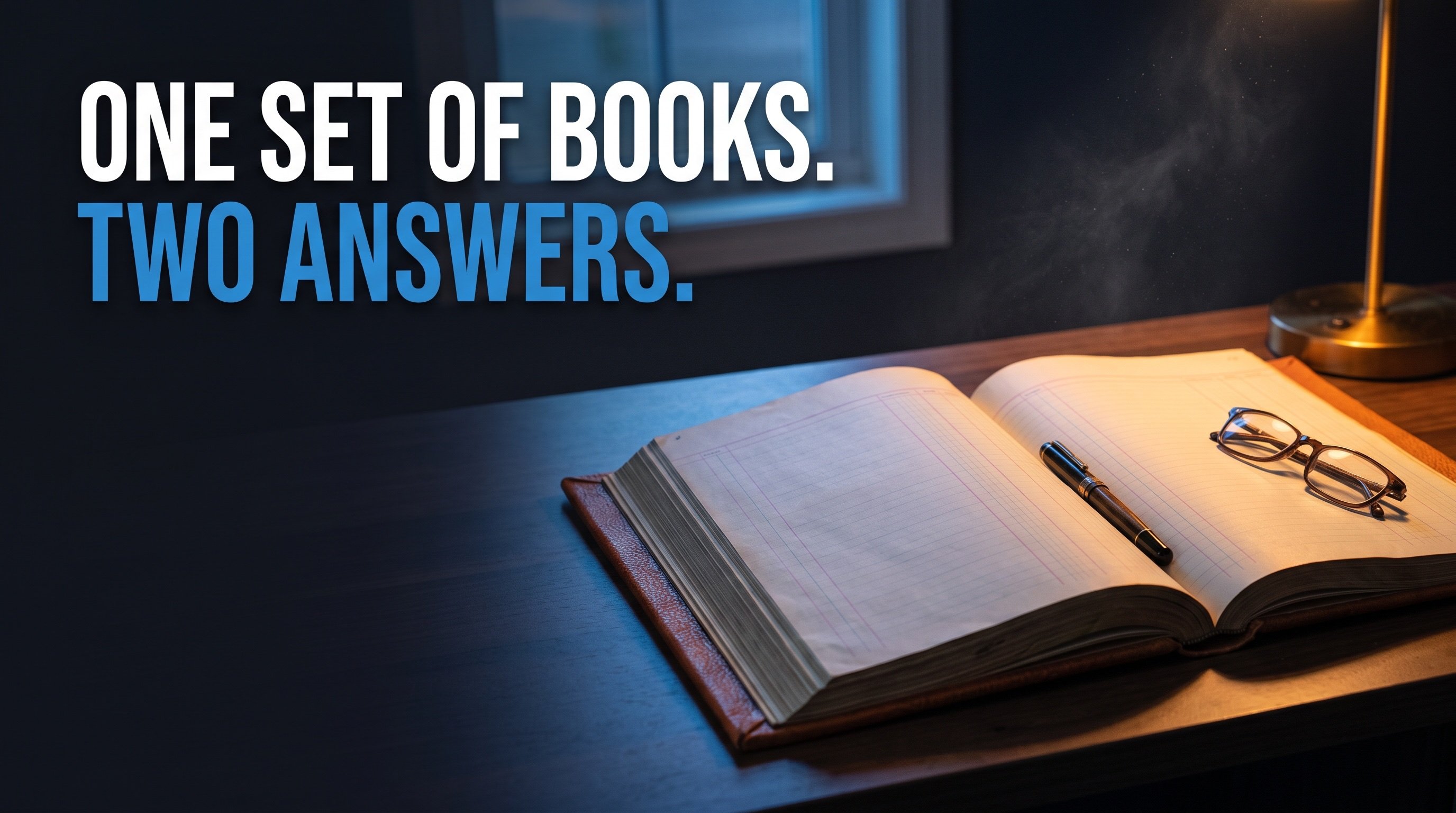 An open leather-bound ledger with blank ruled pages on a dark walnut desk at dusk, a fountain pen in the gutter and reading glasses folded on the page, warm lamp light from the right against cool window light from the left, with the headline One Set of Books, Two Answers set on the dark left third.