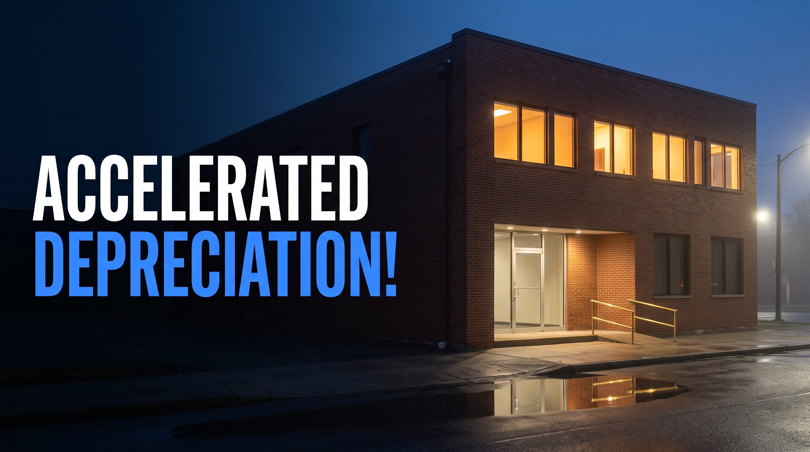 A modest two-story brick office building on a quiet street at blue hour, upper windows and the glass entrance glowing warm against the deep blue dusk, wet pavement reflecting the light, with the headline ACCELERATED over DEPRECIATION! on the dark left side of the frame.