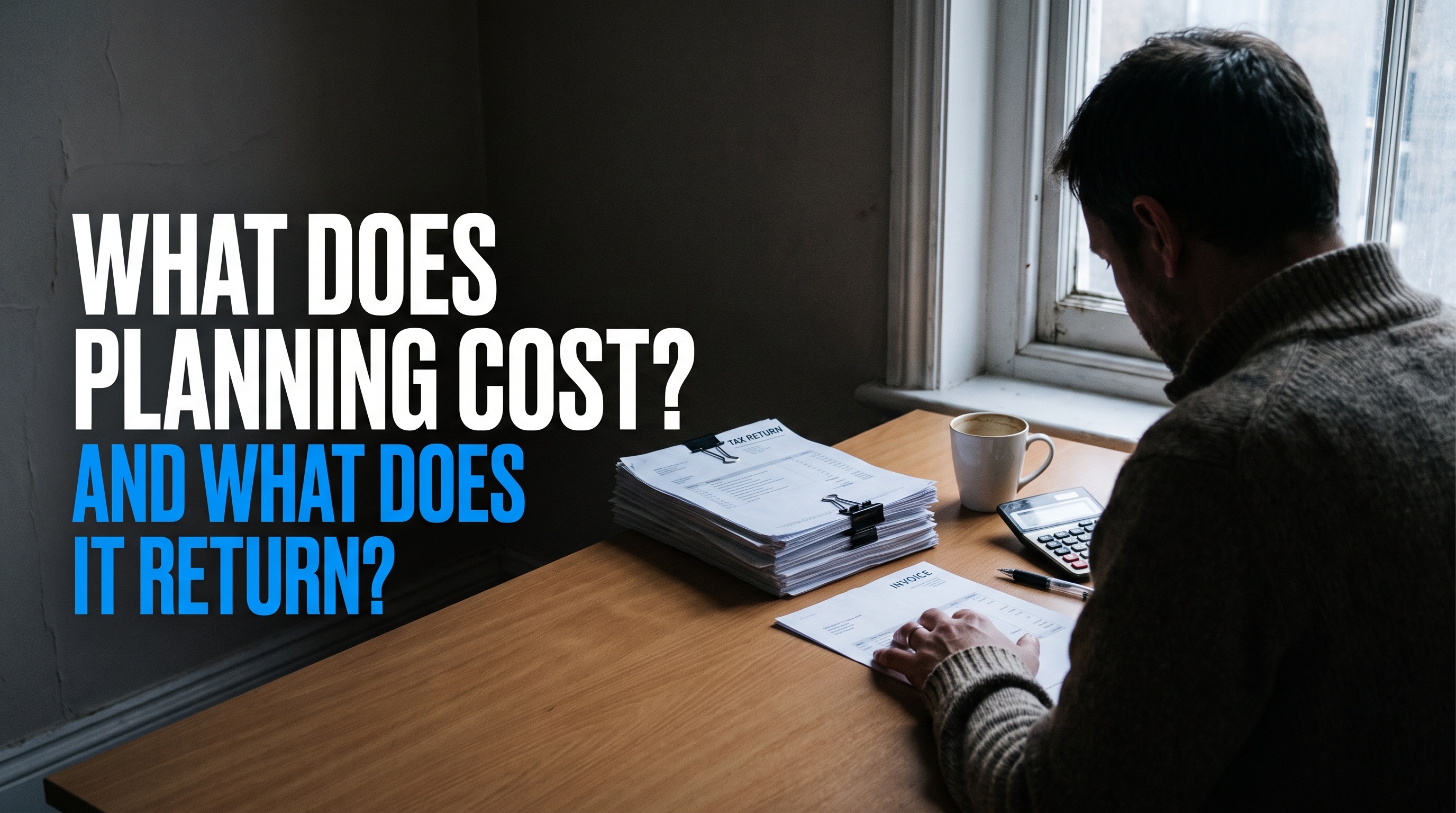 A business owner seen from behind at a wooden desk by an overcast window, one hand on an invoice beside a clipped stack marked tax return, a calculator and coffee nearby, with the headline WHAT DOES PLANNING COST? over AND WHAT DOES IT RETURN? on the dark wall to the left.