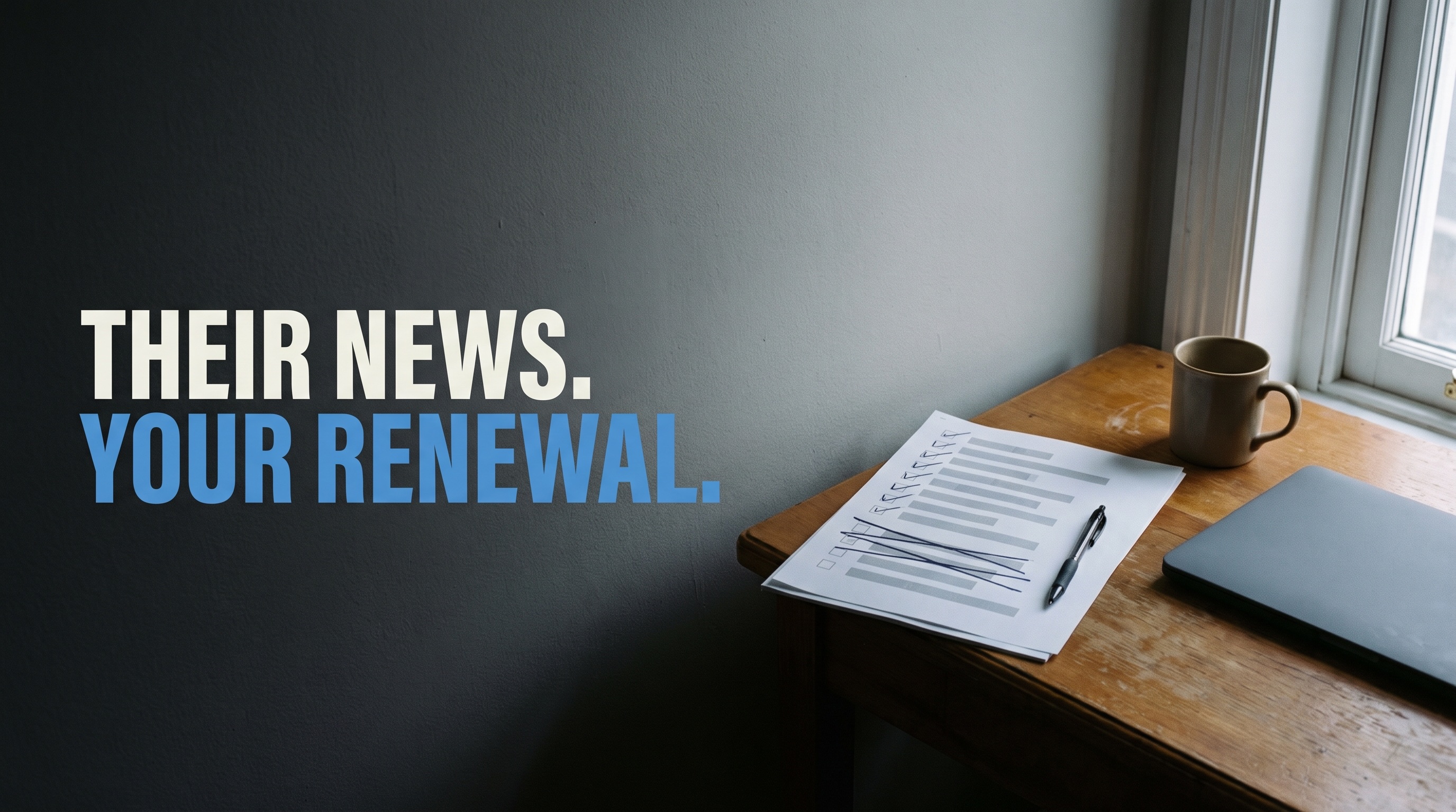 A wooden desk by an overcast window with a printed software subscription list, most rows ticked and two crossed out by hand, a pen, a mug and a closed laptop, with the headline THEIR NEWS. over YOUR RENEWAL. on the shadowed wall to the left.