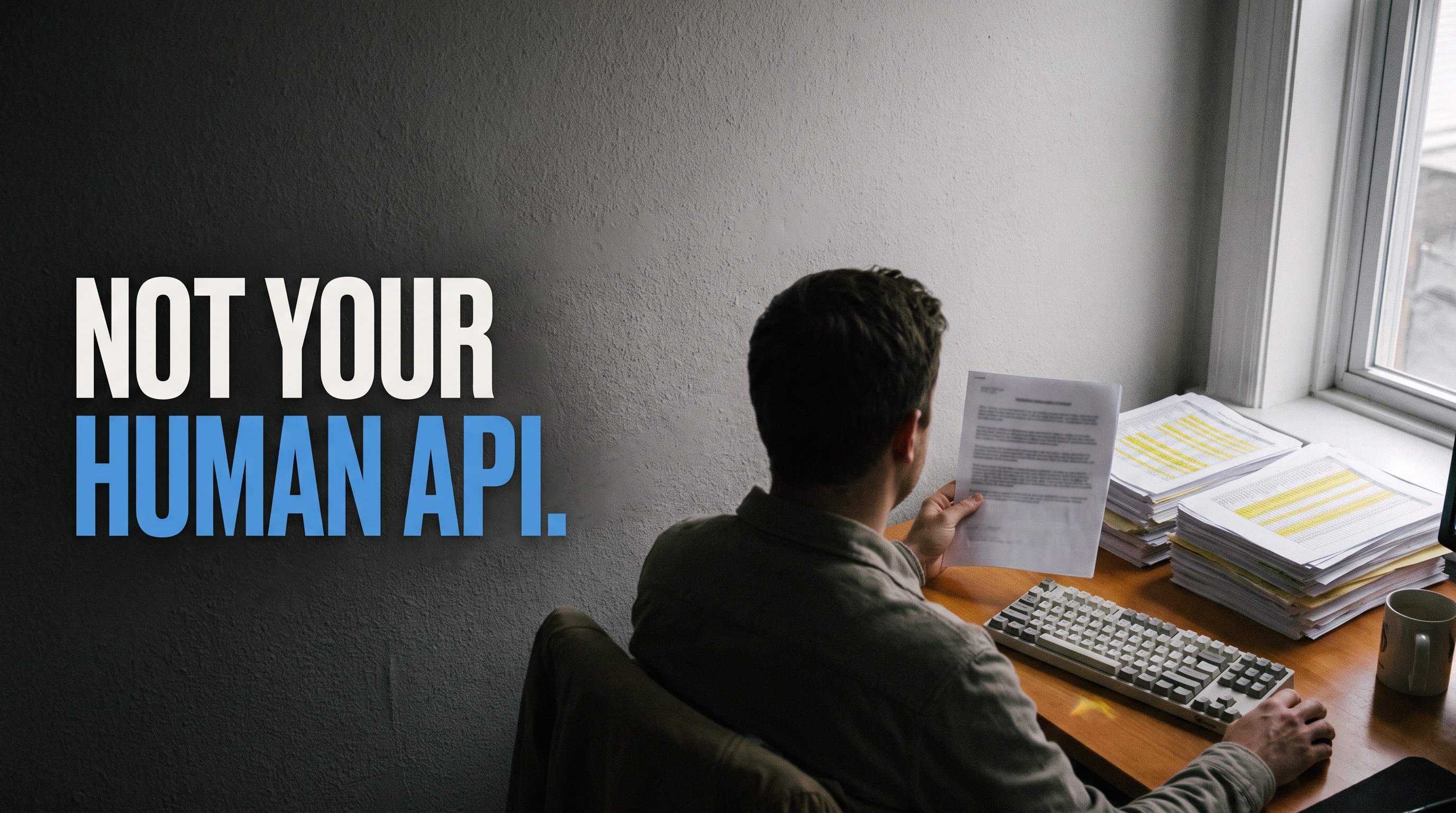 A person seen from behind at a desk by an overcast window, holding a printed page over a keyboard beside two stacks of highlighted spreadsheets, with the headline NOT YOUR over HUMAN API. on the shadowed wall to the left.