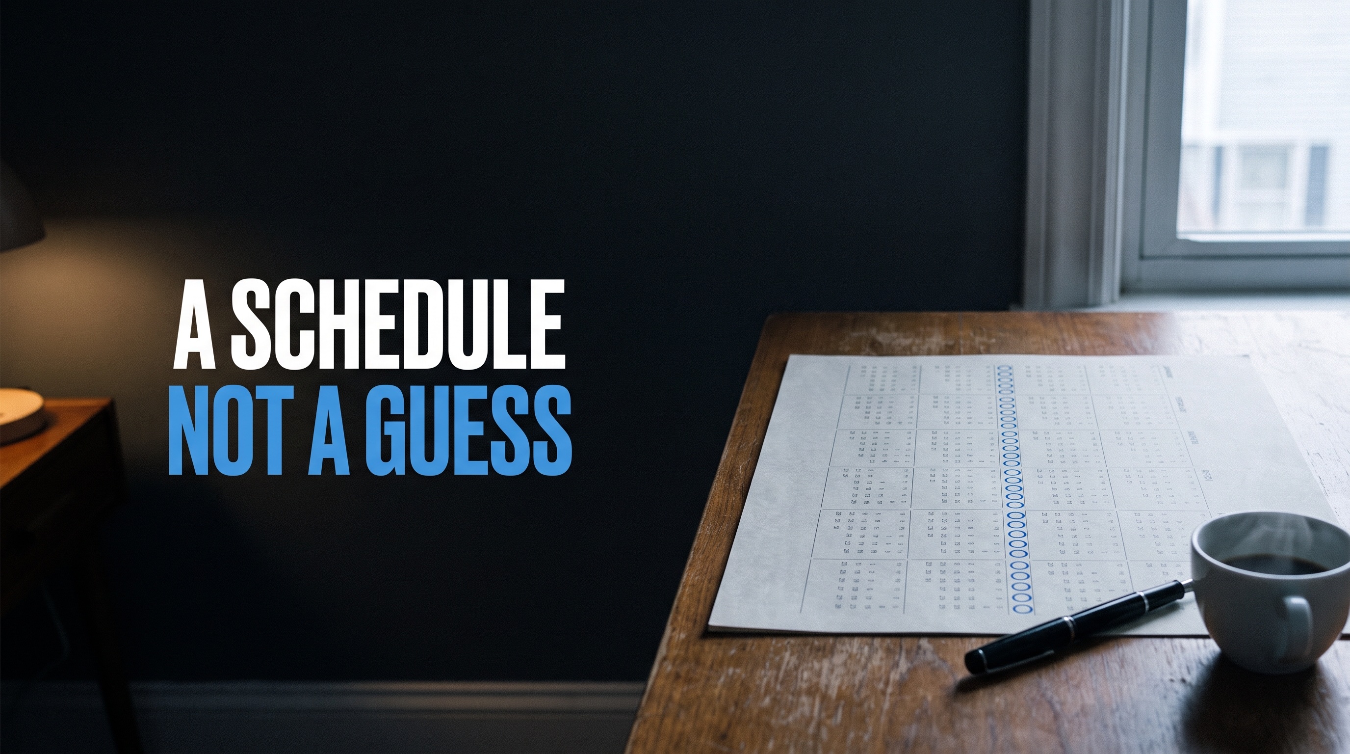 A printed yearly calendar grid on a worn wooden desk with one regular column of blue ink circles marking the same date each month, a black fountain pen and a steaming coffee cup by a window, with the headline A SCHEDULE over NOT A GUESS on the shadowed navy wall to the left.